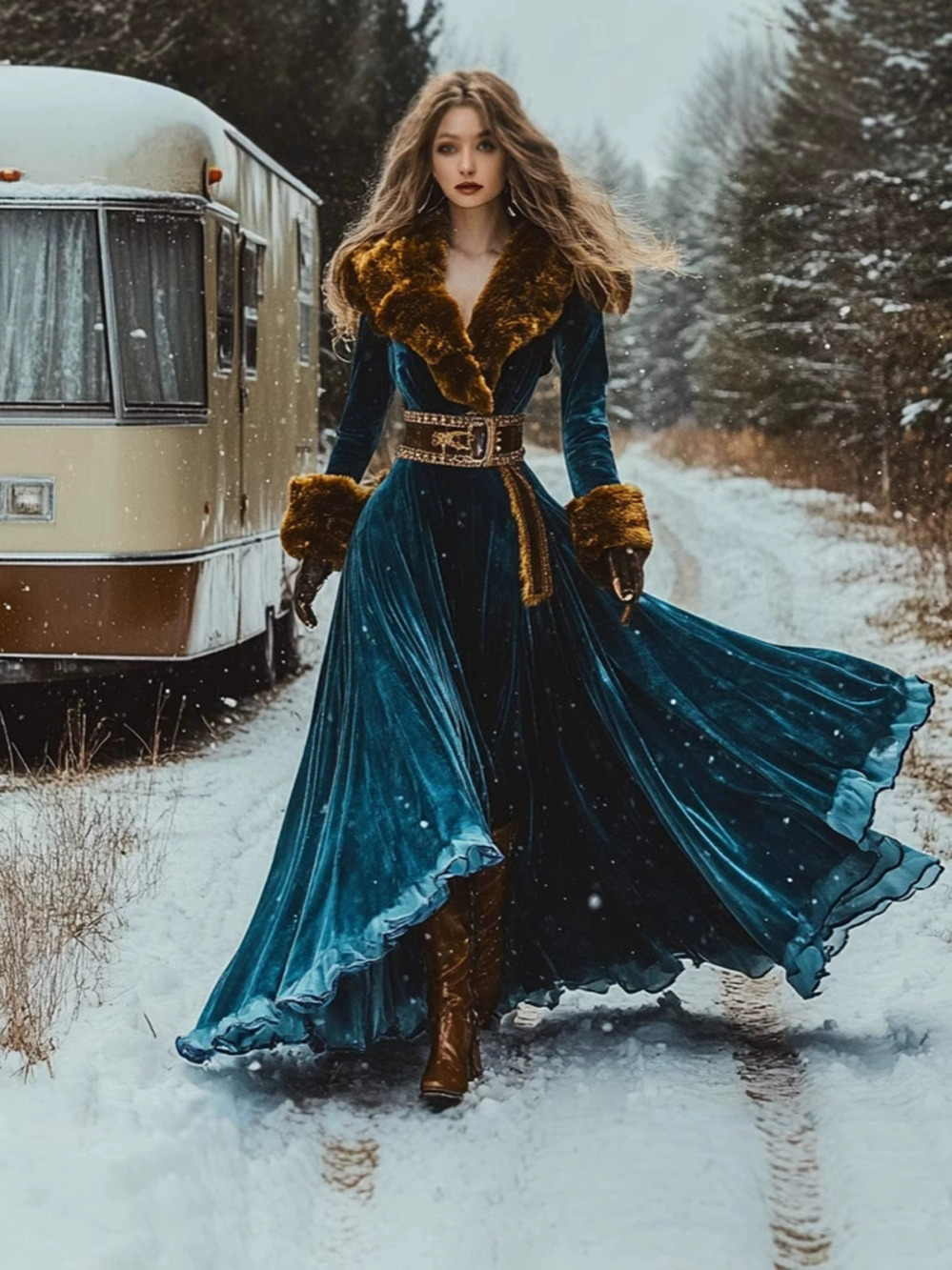 ZARA Long Sleeve Thick Velvet Fur Collar Maxi Coat Dress